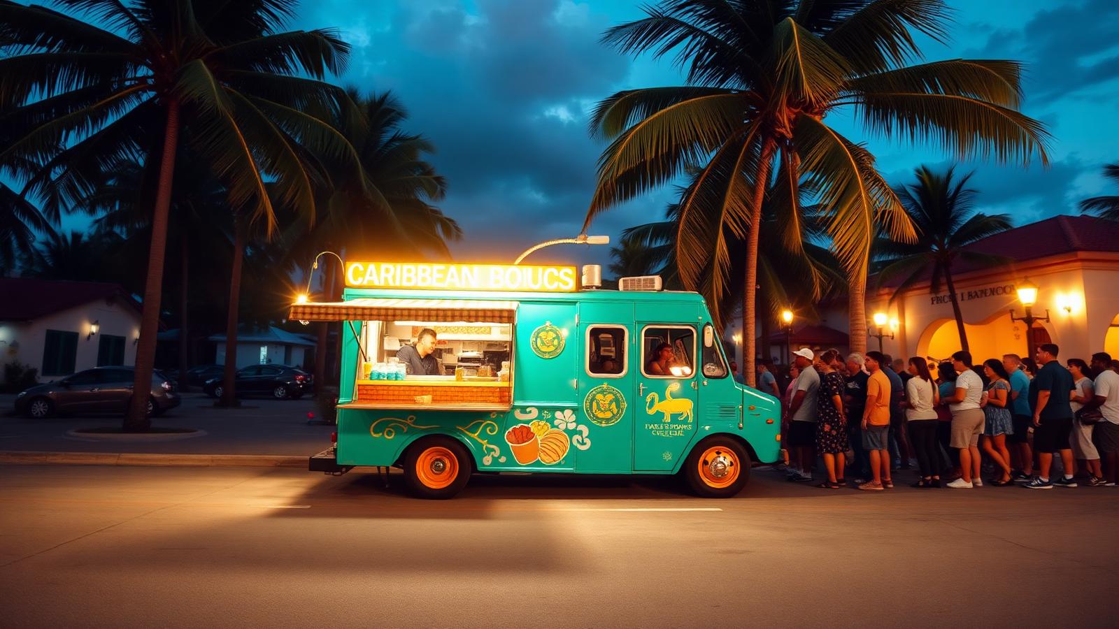 Caribbean food truck serving customers at golden hour in Bridgetown